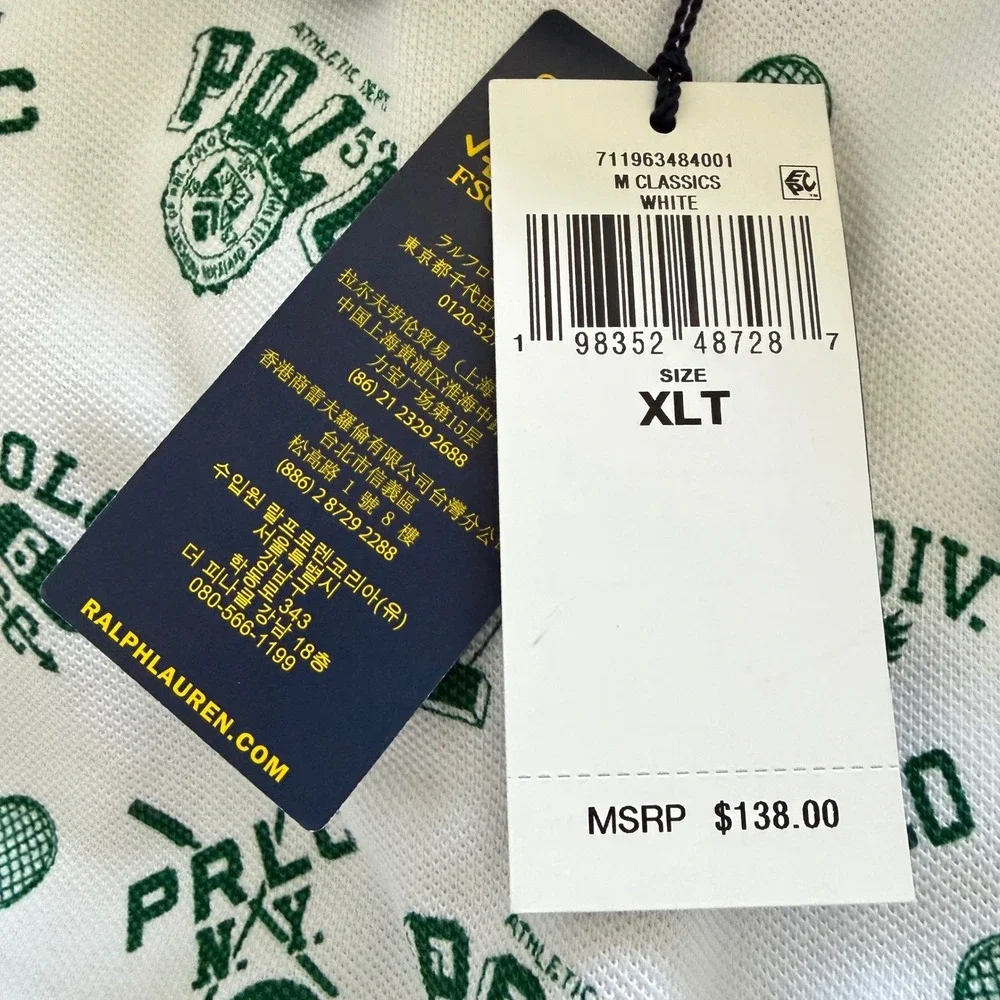 NEW Polo Ralph Lauren Mens XLT TALL White Green Tennis Graphic Print Polo Shirt